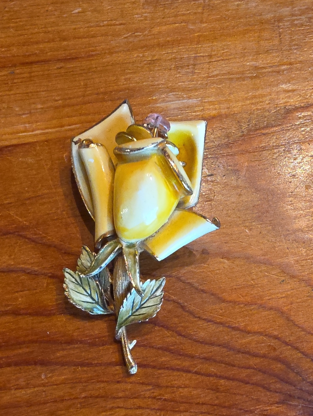 Vintage Coro Yellow Rose Enamel Rhinestone Pin Brooch